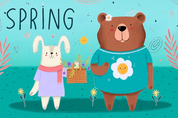 Free vector friendly bear and bunny spring is coming season