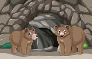 無料ベクター 洞窟 の 外 に いる 友好的 な 熊 たち