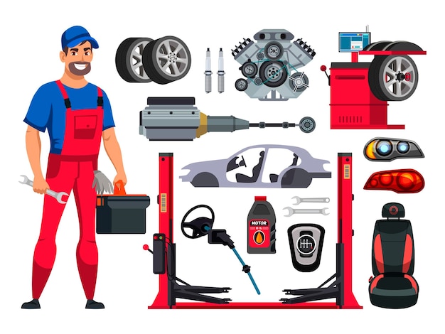 Free vector friendly man auto mechanic and car spare part set equipment and accessory for tire fitting service automotive diagnostics repair center wheel body plug reduction axle engine lights seat