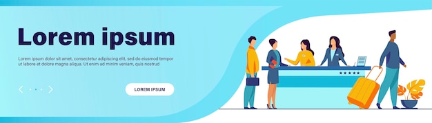 無料ベクター ホテル登録デスクのフレンドリーな受付係がクライアントのベクターイラストを手伝います。相談待ちの人