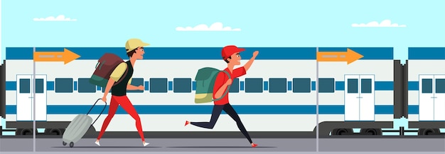 Gli amici inseguono i turisti in treno con i bagagli sui personaggi dei cartoni animati della stazione gli studenti vanno in vacanza ragazzi che corrono dietro la locomotiva