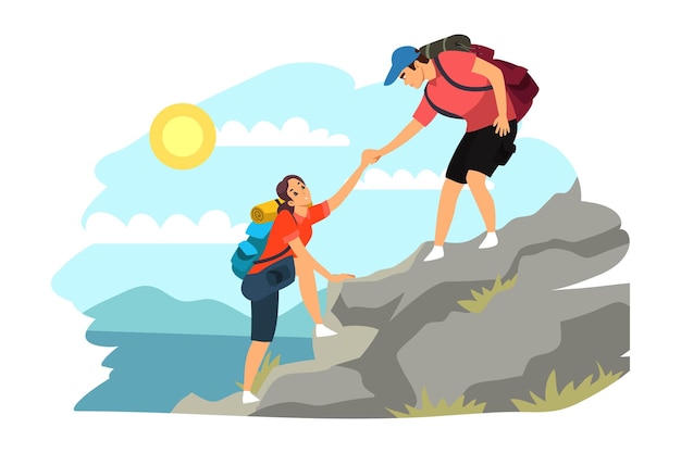 Friends climb mountain and hike Cartoon man holding hand of woman to help reaching top of high cliffs or hills solidarity support and cooperation of two united people in team isolated on white