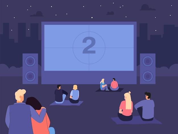 Friends And Couples Watching Movies On Big Screen In Open Air. Cartoon People Relaxing In Backyard In Evening Or At Night During Weekend Flat Vector Illustration. Vacation, Outdoor Activities Concept