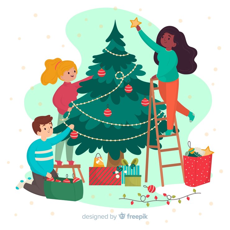 Free Vector friends decorating christmas tree