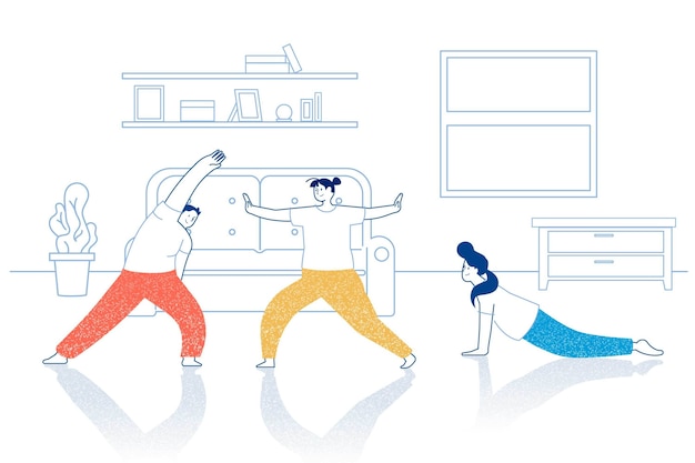 Free vector friends doing exercises of fitness at home