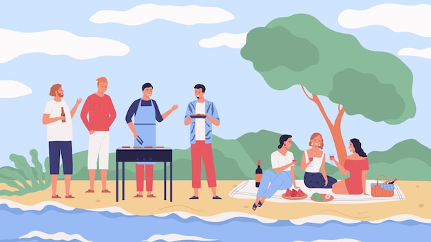 Free vector friends drinking wine beer eating fruits cooking meat at outdoor bbq party near river flat