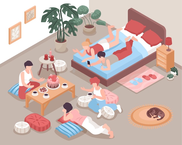 Friends eating cake taking photos lying on pillows at pajama party 3d isometric vector illustration