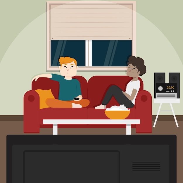 Free vector friends eating popcorn and watching tv