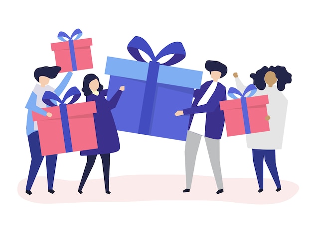 Free vector friends exchanging gift boxes  with one another