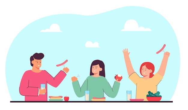 Друзья обедают, ужинают или завтракают вместе в ресторане на открытом воздухе. мультфильм дети едят еду плоской иллюстрации