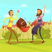 Free vector friends making barbecue background with sausages and drinks