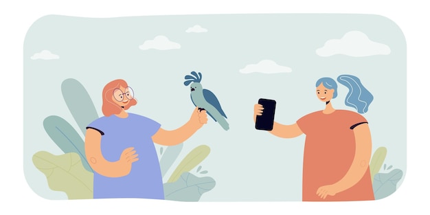 Friends photographing with parrot. Flat  illustration