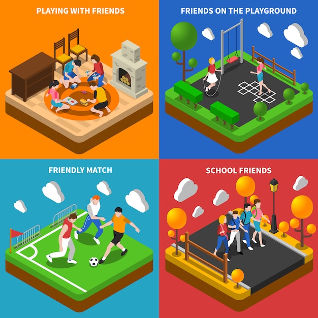 Free vector friends playing isometric card set