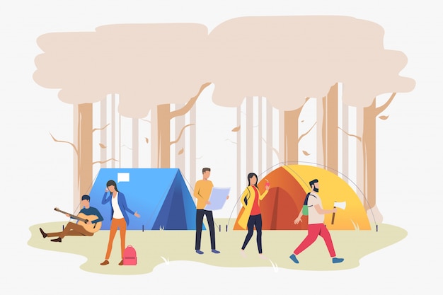 Friends resting at campsite in wood illustration