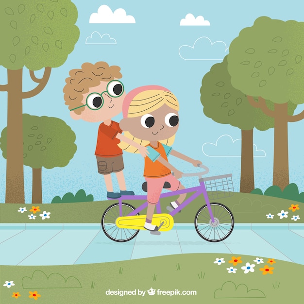 Free vector friends riding a bike outdoors