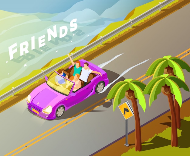 Friends Riding Car Изометрические Плакат