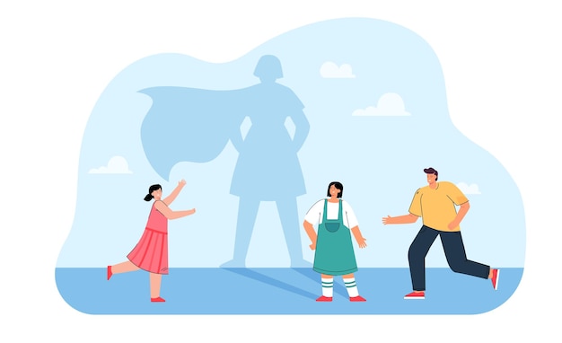 Friends running towards cartoon girl with superhero shadow. shadow of female character wearing cape flat illustration