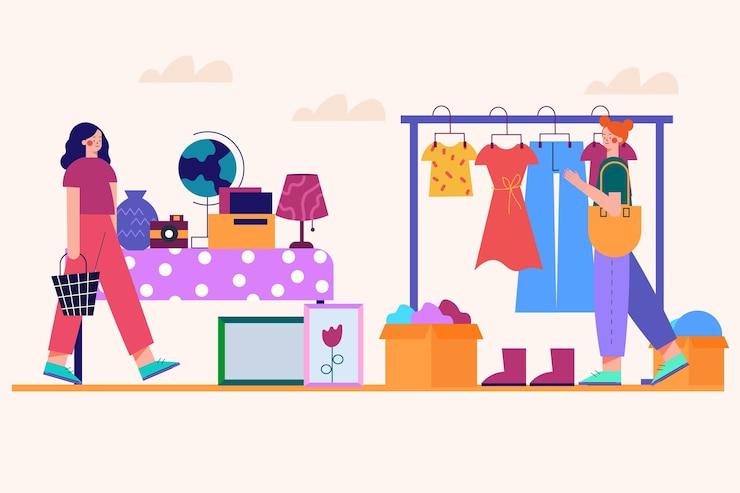 Free Vector friends selling clothes on flea market