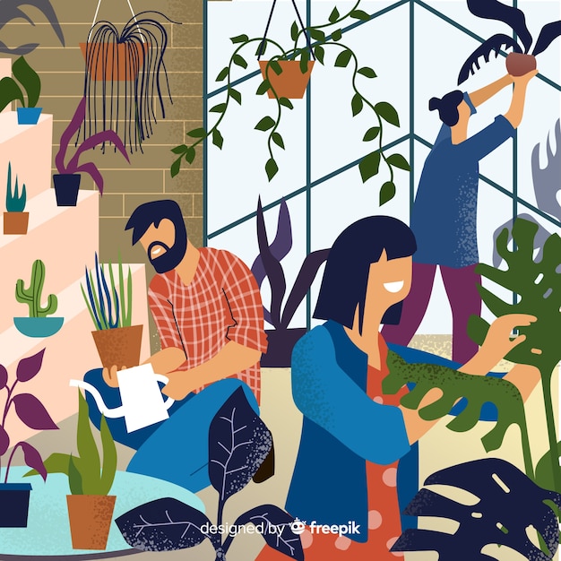 Free vector friends taking care of plants