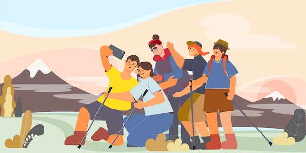 Free vector friends taking a selfie while traveling in the mountains flat vector illustration