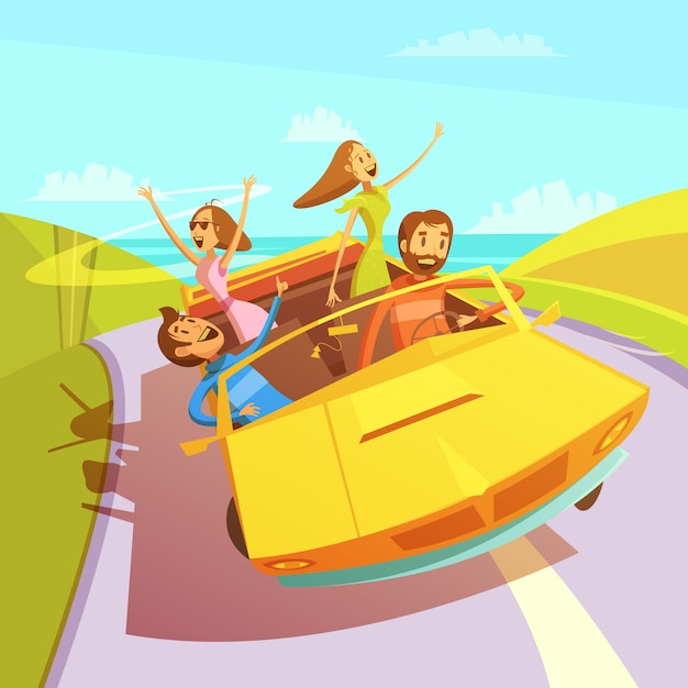 Friends traveling in a cabriolet to the sea background with men and women