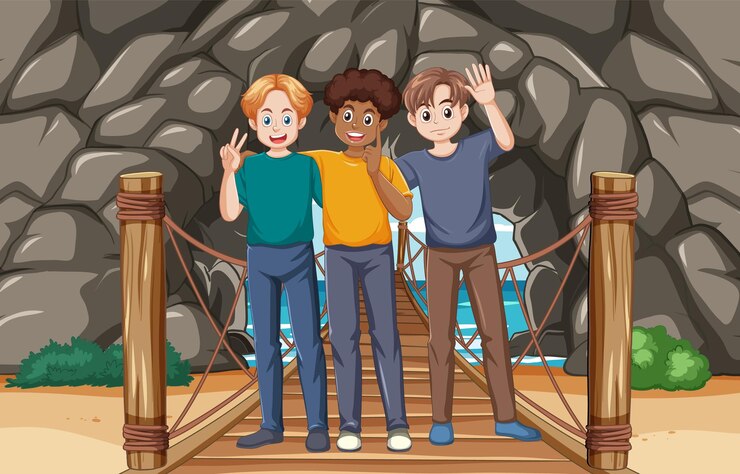 Free Vector friends united at the wooden bridge