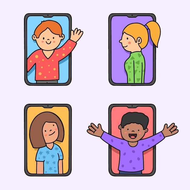 Friends video calling on smartphones hand drawn illustration