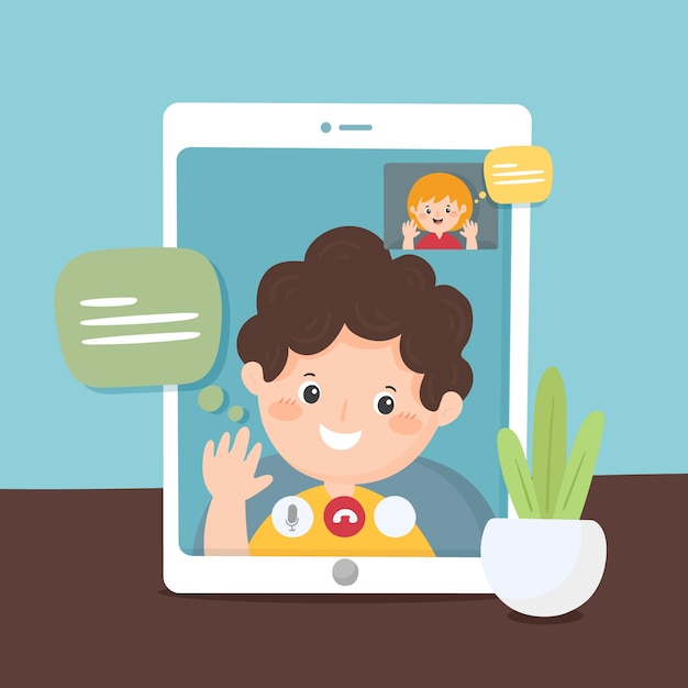 Free vector friends video calling on tablet illustration