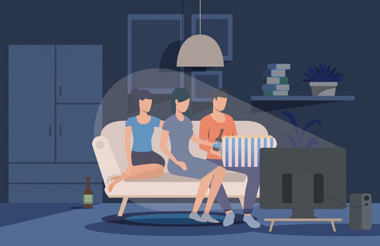 Free Vector friends watching movie at home illustration