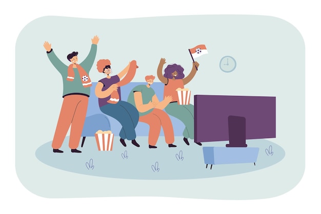Free vector friends watching soccer or football on tv together. flat illustration.