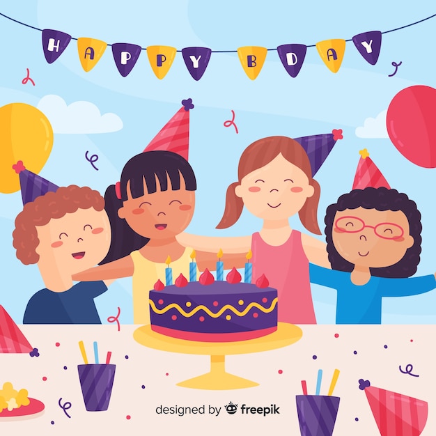 Friends with birthday cake background