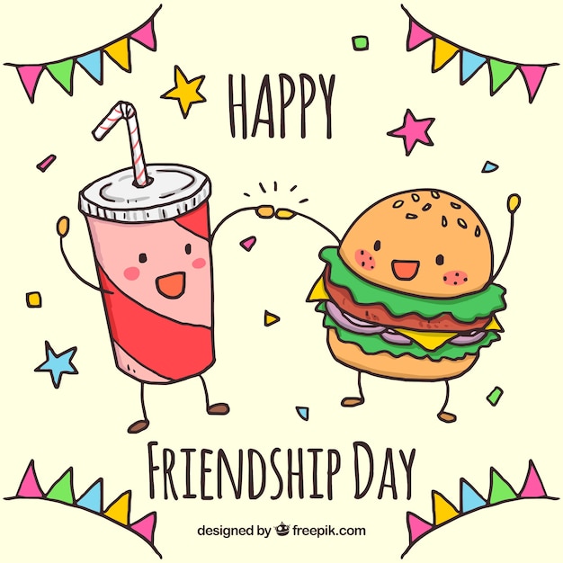 Free vector friendship day background with burger and drink