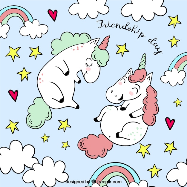 Friendship day background with cute unicorns