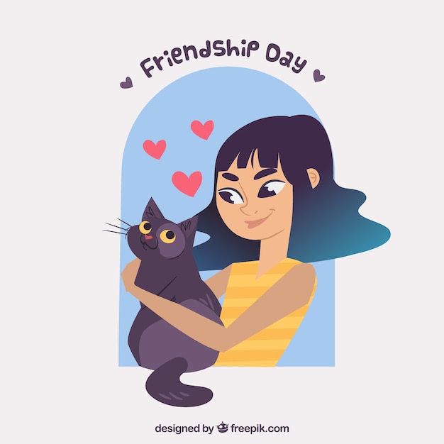 Friendship day background with girl and her cat