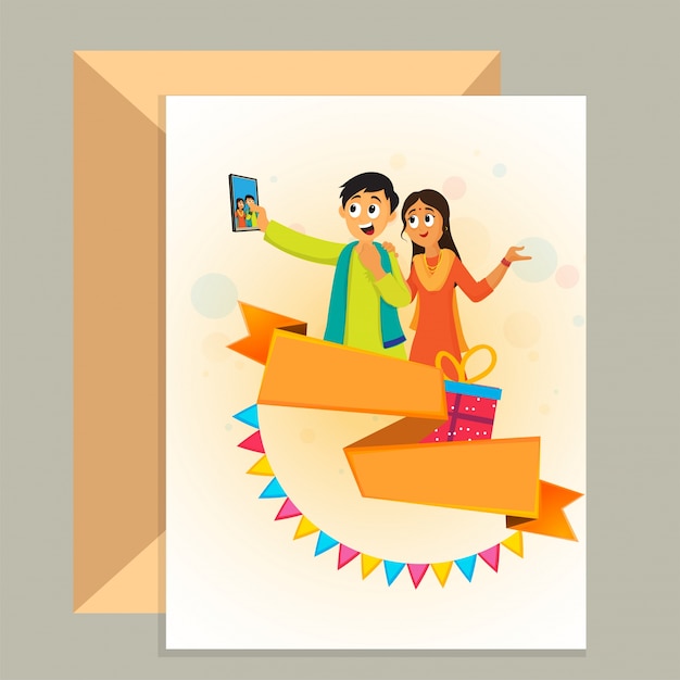  Friendship Day greeting card and envelope design with illustration of friends taking selfie by smartphone. 