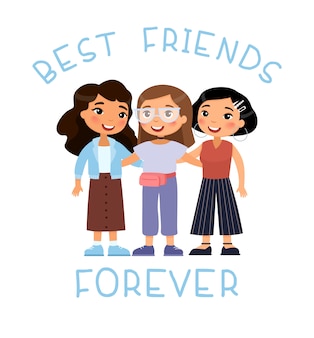 Friendship day. three modern young cute girls hugging. funny cartoon character. best friends concept.