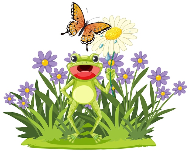 Бесплатное векторное изображение Жаба и бабочка на цветочной луге