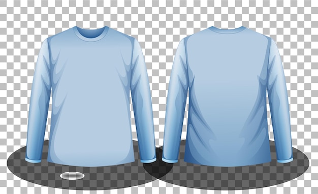 Передняя и задняя часть синей футболки с длинными рукавами на прозрачном фоне