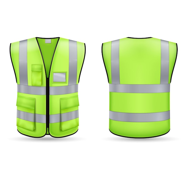 Front and back view of green vest mockup with reflective stripes and pockets isolated on white background realistic vector illustration