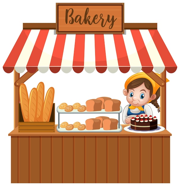 Free vector front of bakery shop with baker isolated on white background