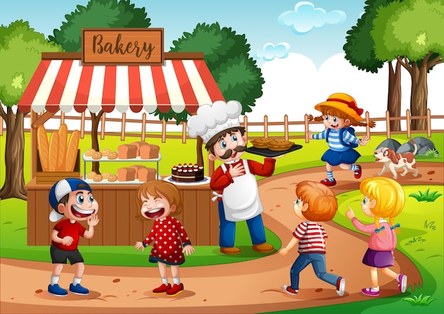 Front of bakery shop with baker in the park scene