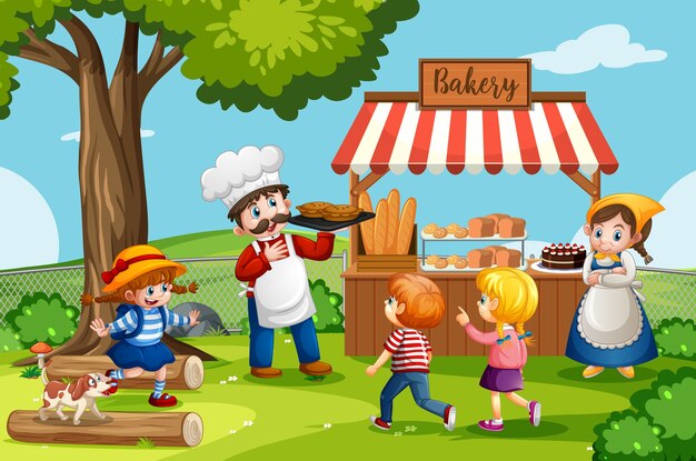 Front of bakery shop with baker in the park scene