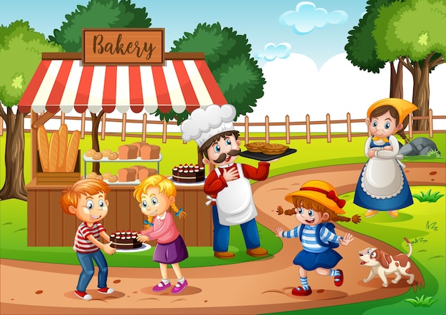 Free vector front of bakery shop with baker in the park scene