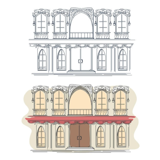 Free vector front of the house in french retro style. architecture house front building facade front, french house front, street house front.