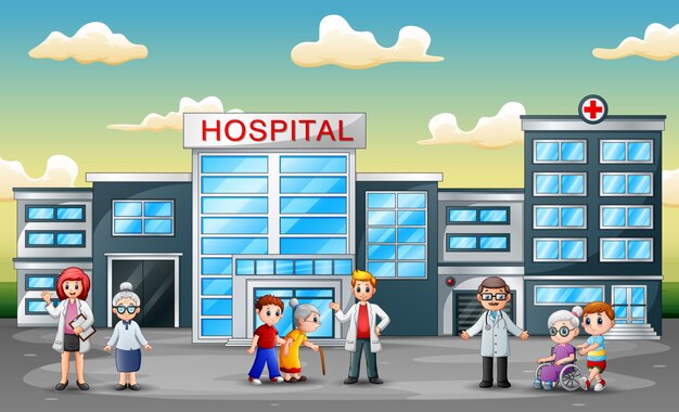 Group of elderly people in front the hospital | Premium Vector