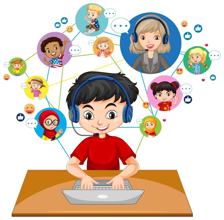 Free Vector front view of a boy using laptop for communicate video conference with teacher and friends