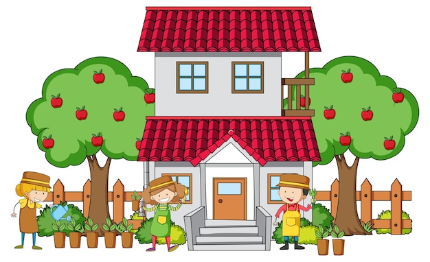 Front view of a house with many kids on white background