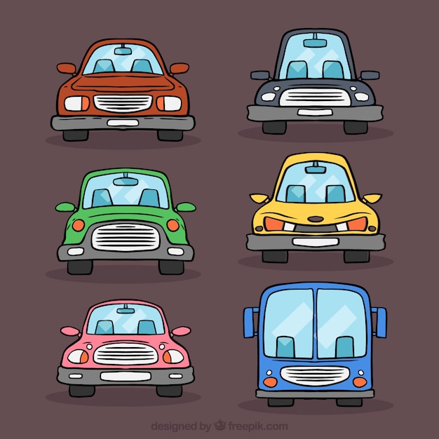 Вид спереди шести мультфильмов автомобилей Бесплатные векторы