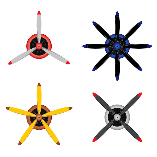 平面プロペラベクトルイラストセットの正面図。さまざまな飛行機または航空機のブレードプロペラ、白い背景で隔離のヴィンテージローターブレード。航空、航空業界の概念