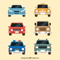 Free vector frontal view of six cars in flat design